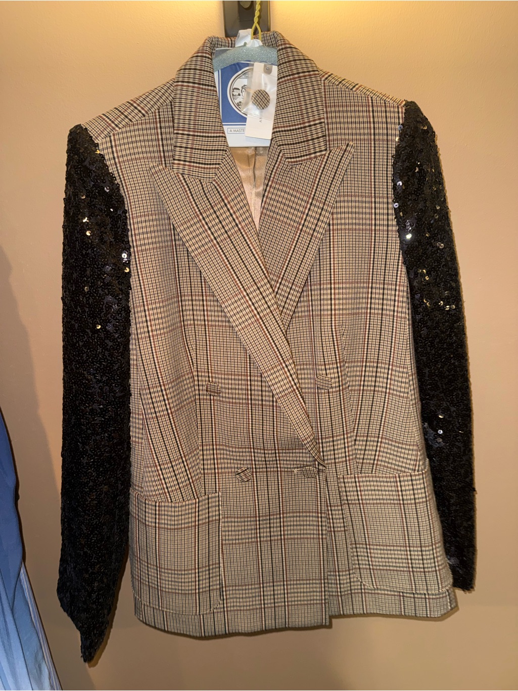 Plaid Double-Breasted Blazer With Black Sequin Sleeves